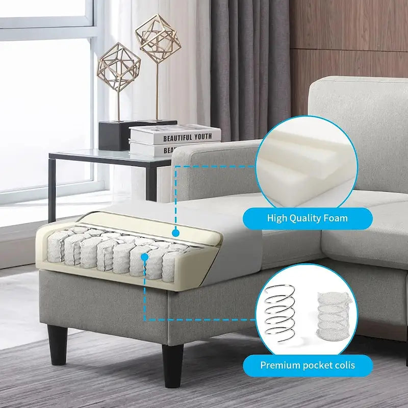 Divano sezionale a L reversibile grigio chiaro/beige/grigio scuro con pouf contenitore, 3-4 posti