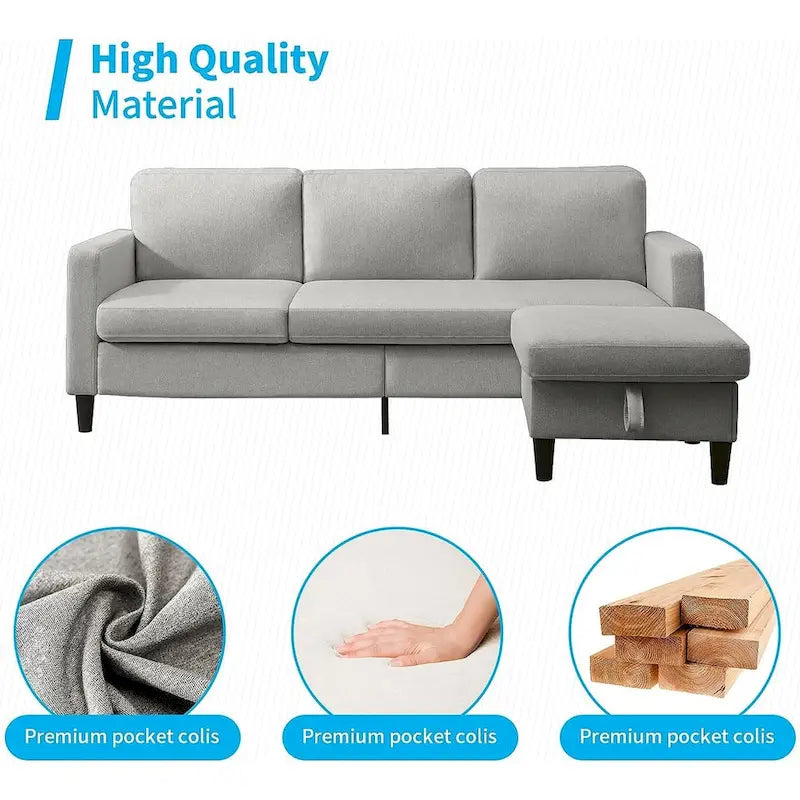Divano sezionale a L reversibile grigio chiaro/beige/grigio scuro con pouf contenitore, 3-4 posti
