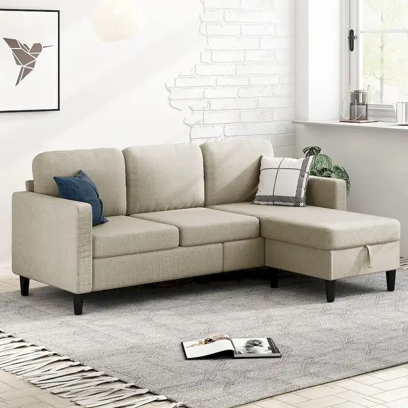 Divano sezionale a L reversibile grigio chiaro/beige/grigio scuro con pouf contenitore, 3-4 posti