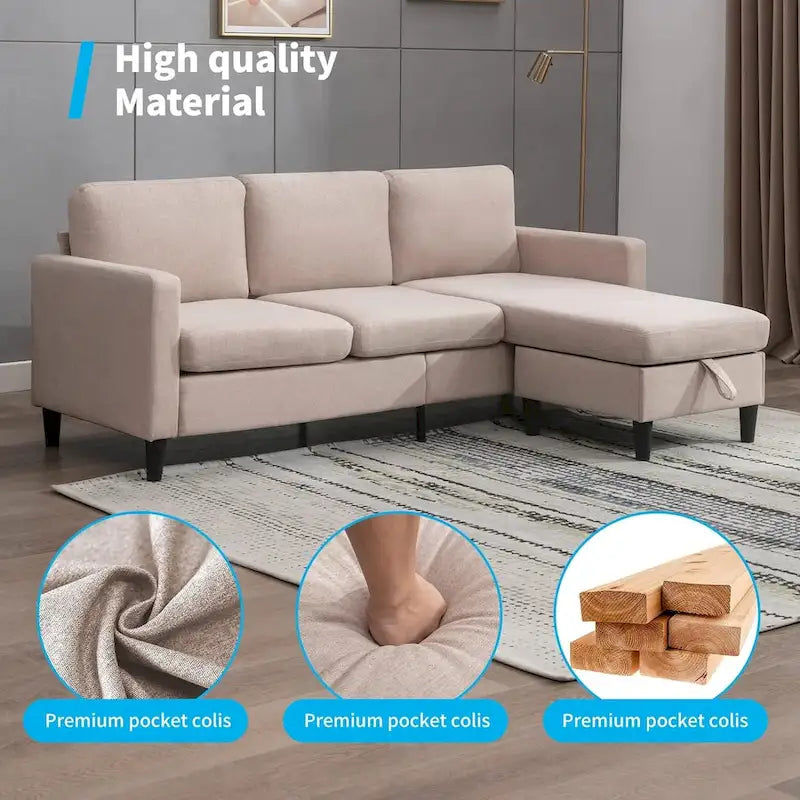 Divano sezionale a L reversibile grigio chiaro/beige/grigio scuro con pouf contenitore, 3-4 posti