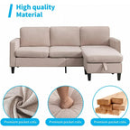 Divano sezionale a L reversibile grigio chiaro/beige/grigio scuro con pouf contenitore, 3-4 posti