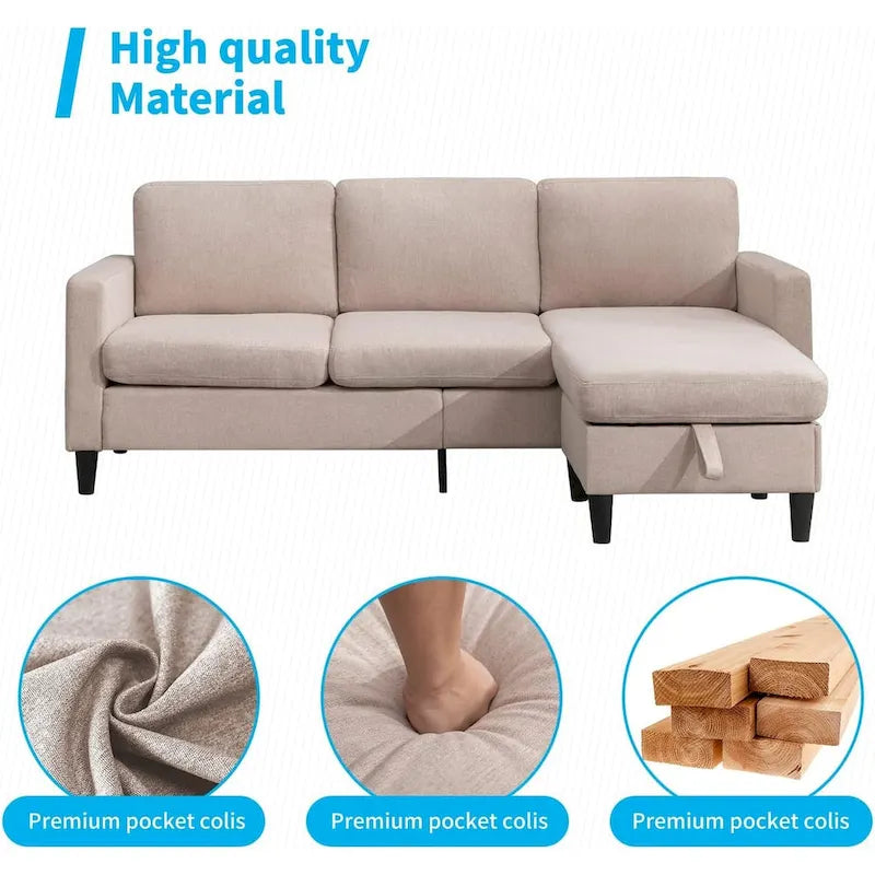Divano sezionale a L reversibile grigio chiaro/beige/grigio scuro con pouf contenitore, 3-4 posti