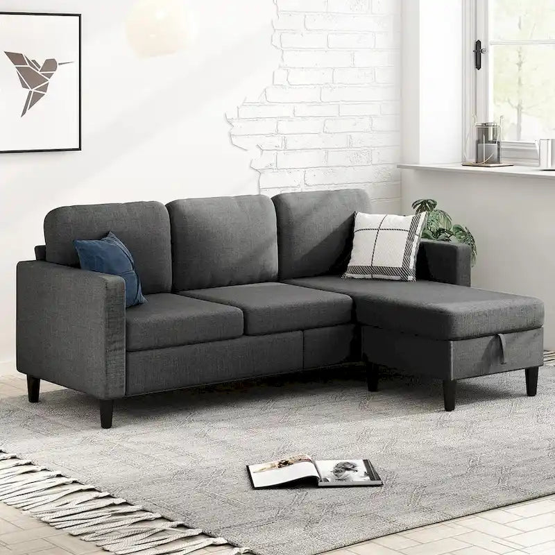 Divano sezionale a L reversibile grigio chiaro/beige/grigio scuro con pouf contenitore, 3-4 posti
