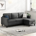 Divano sezionale a L reversibile grigio chiaro/beige/grigio scuro con pouf contenitore, 3-4 posti