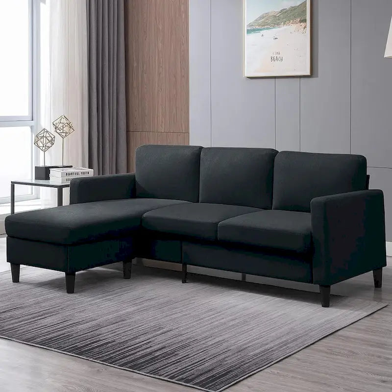 Divano sezionale a L reversibile grigio chiaro/beige/grigio scuro con pouf contenitore, 3-4 posti