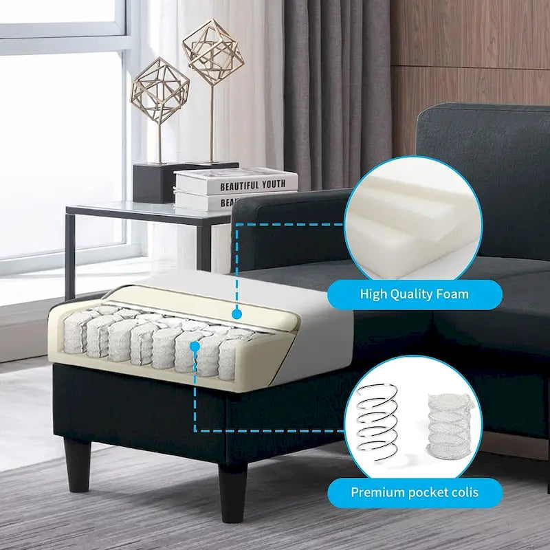 Divano sezionale a L reversibile grigio chiaro/beige/grigio scuro con pouf contenitore, 3-4 posti
