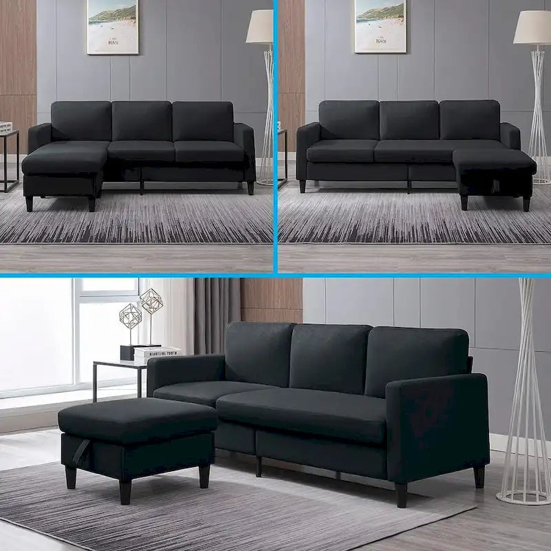 Divano sezionale a L reversibile grigio chiaro/beige/grigio scuro con pouf contenitore, 3-4 posti