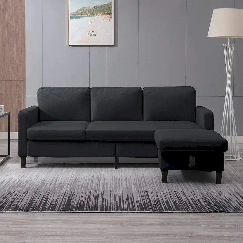 Divano sezionale a L reversibile grigio chiaro/beige/grigio scuro con pouf contenitore, 3-4 posti