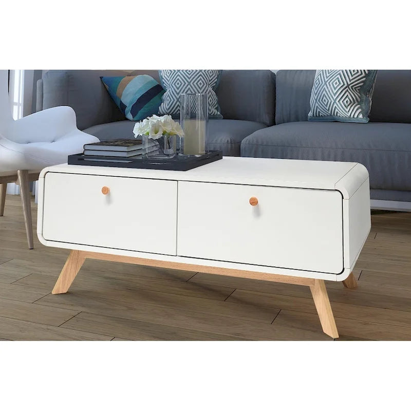 Mobile porta TV bianco di metà secolo con 2 cassetti, per TV fino a 60"