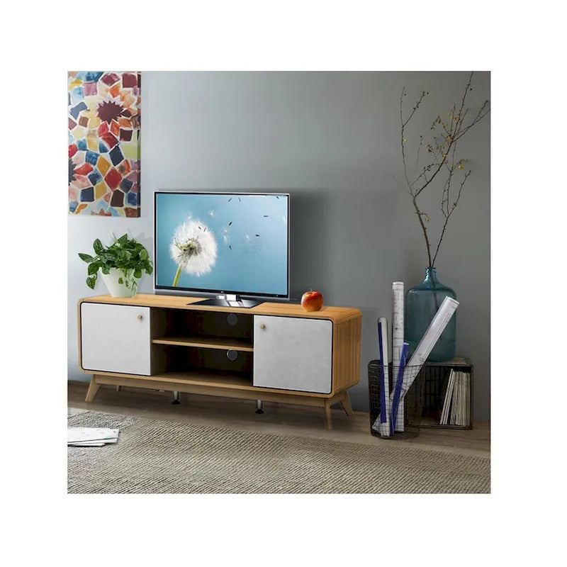Mobile porta TV bianco di metà secolo con 2 cassetti, per TV fino a 60"