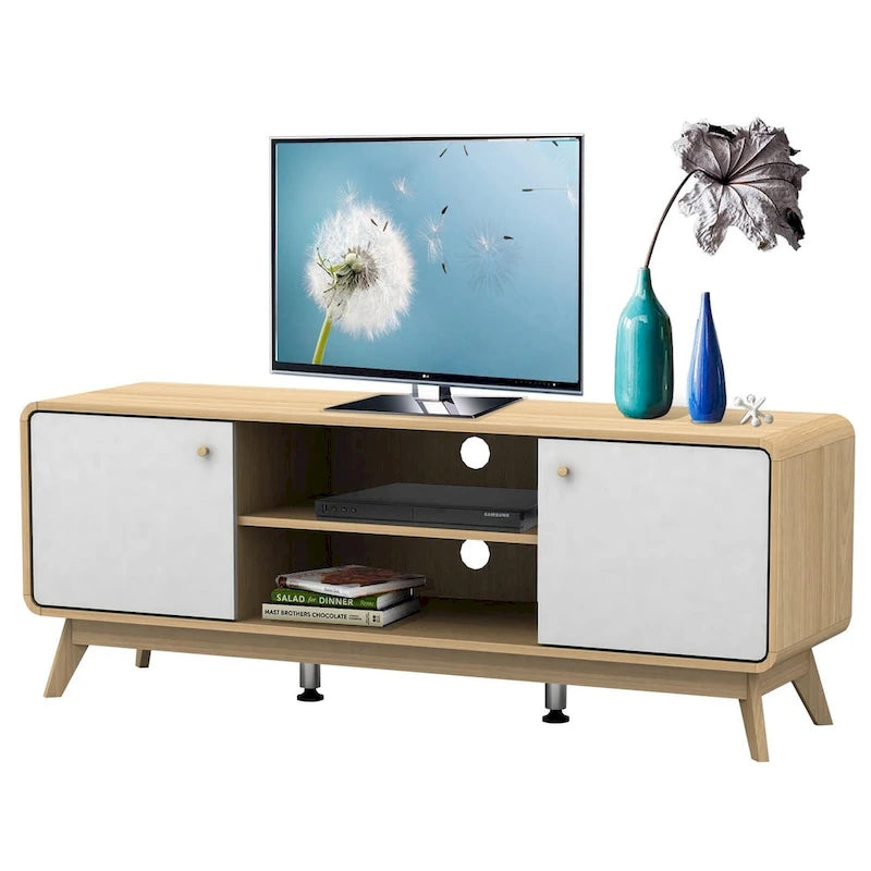 Mobile porta TV bianco di metà secolo con 2 cassetti, per TV fino a 60"