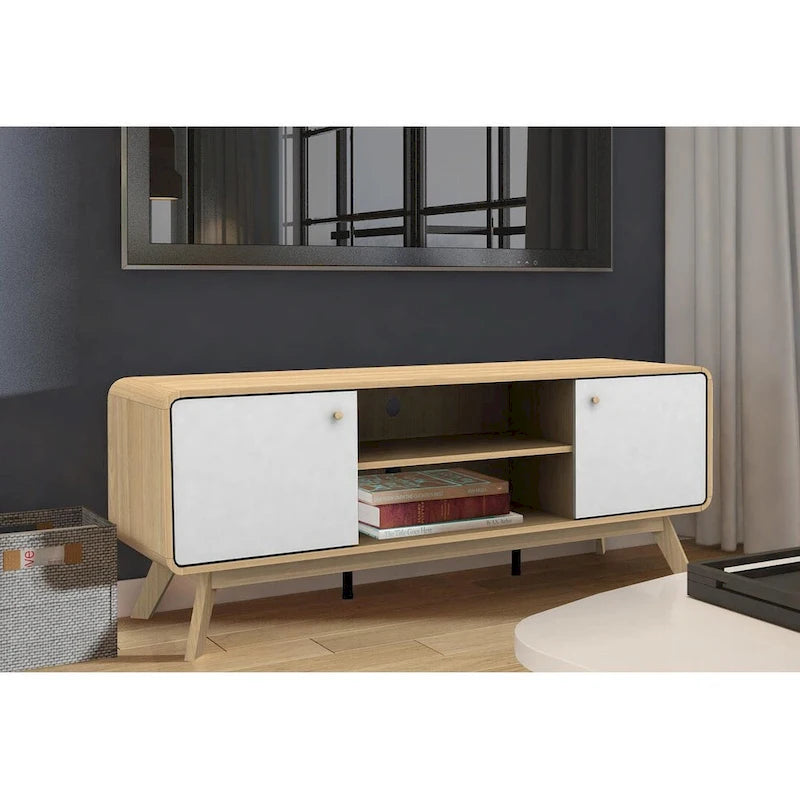 Mobile porta TV bianco di metà secolo con 2 cassetti, per TV fino a 60"