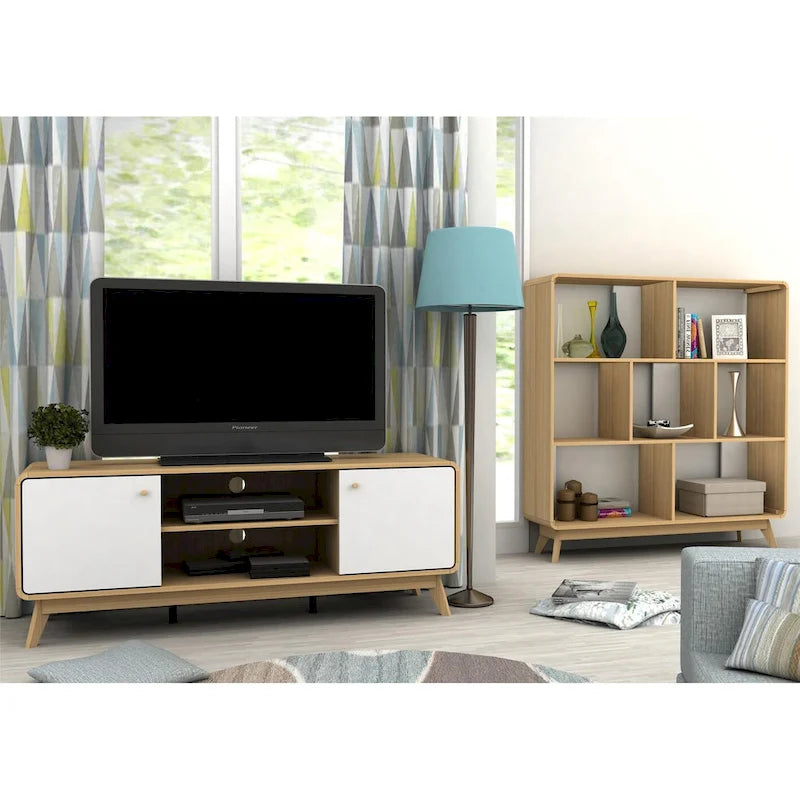 Mobile porta TV bianco di metà secolo con 2 cassetti, per TV fino a 60"