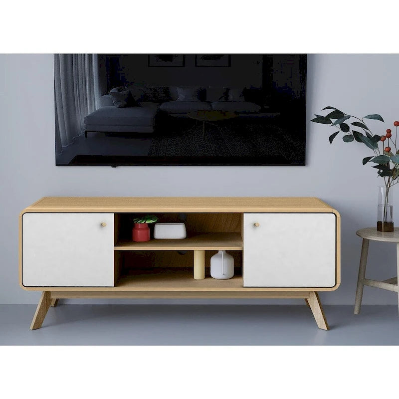 Mobile porta TV bianco di metà secolo con 2 cassetti, per TV fino a 60"
