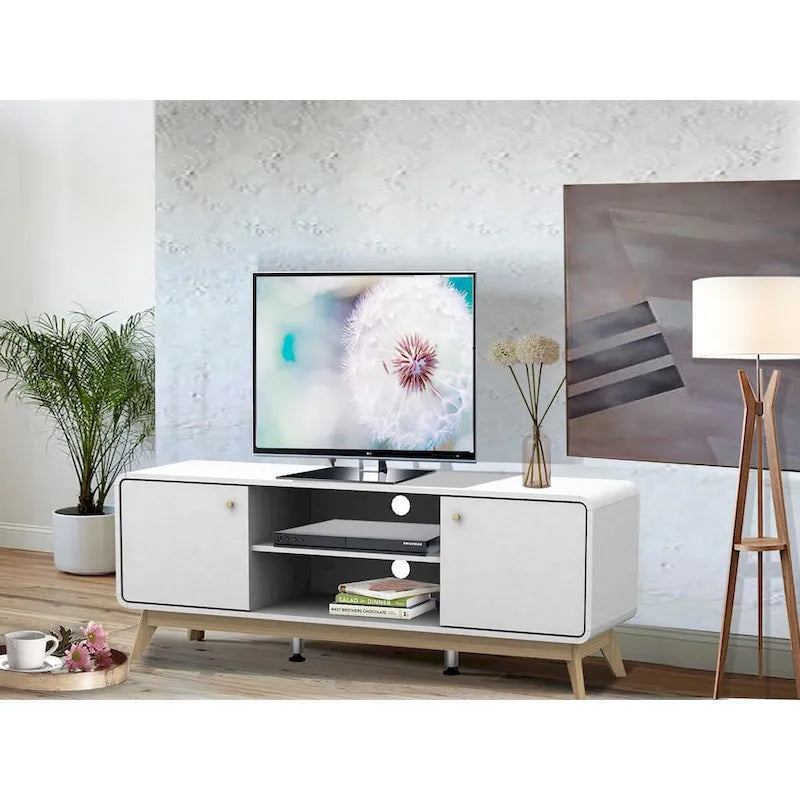 Mobile porta TV bianco di metà secolo con 2 cassetti, per TV fino a 60"