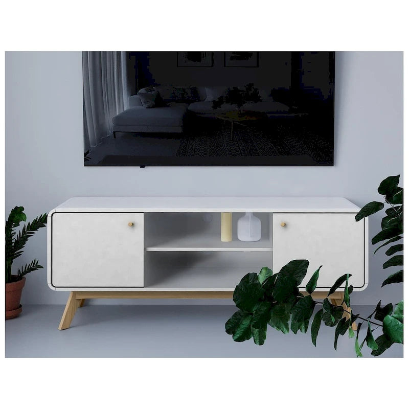 Mobile porta TV bianco di metà secolo con 2 cassetti, per TV fino a 60"