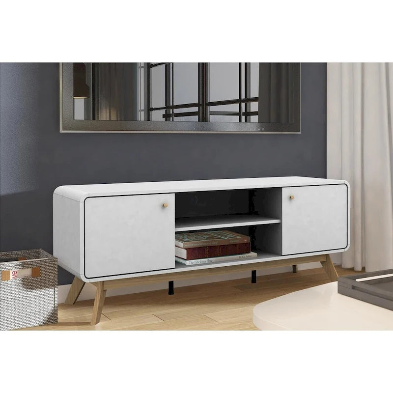 Mobile porta TV bianco di metà secolo con 2 cassetti, per TV fino a 60"
