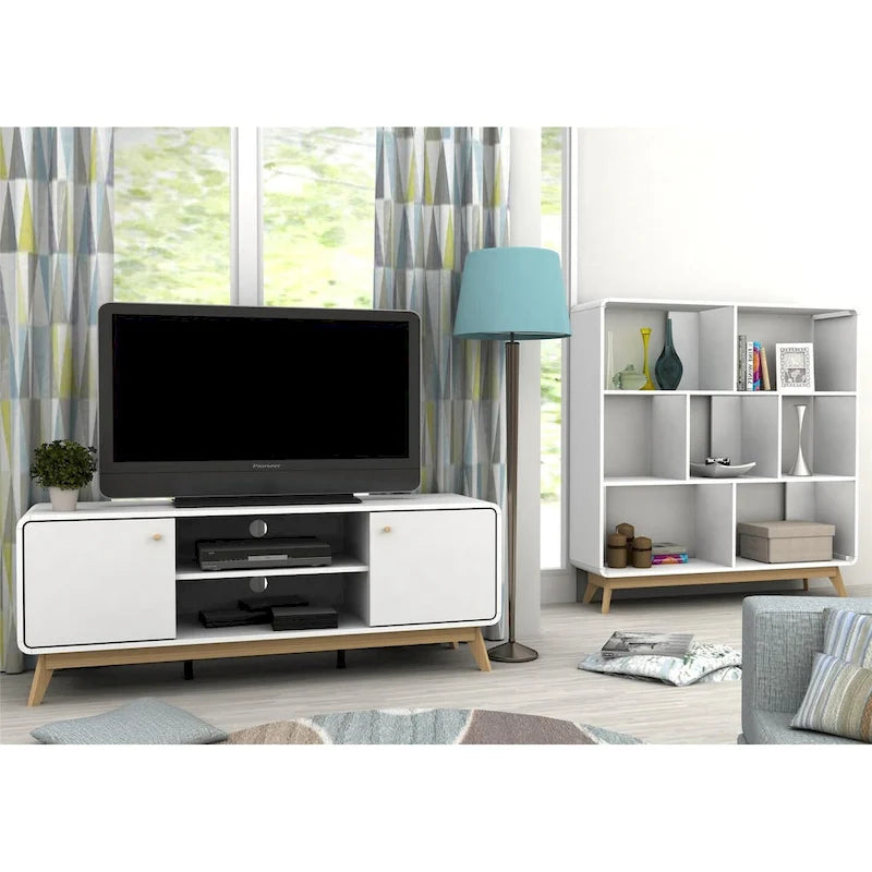 Mobile porta TV bianco di metà secolo con 2 cassetti, per TV fino a 60"