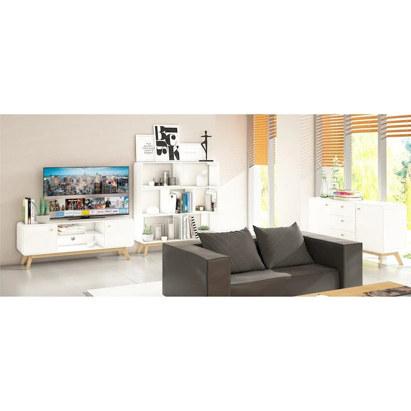 Mobile porta TV bianco di metà secolo con 2 cassetti, per TV fino a 60"