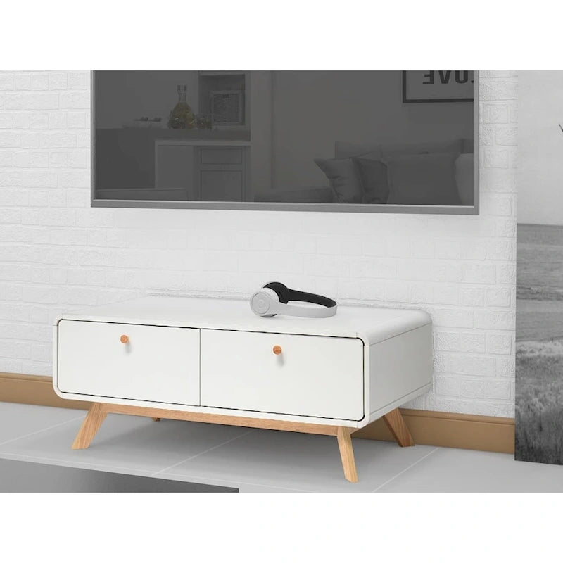 Mobile porta TV bianco di metà secolo con 2 cassetti, per TV fino a 60"