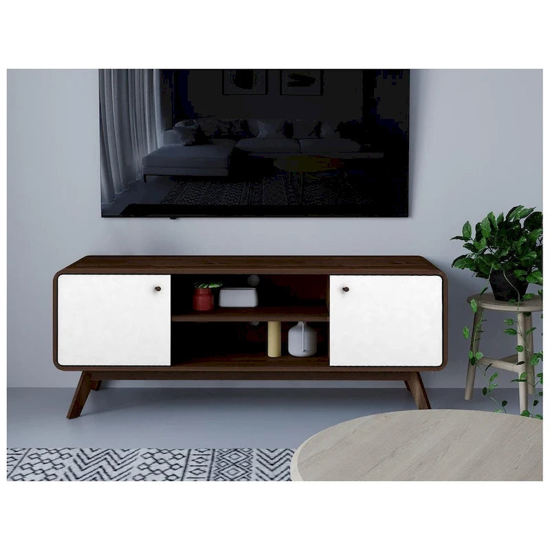 Mobile porta TV bianco di metà secolo con 2 cassetti, per TV fino a 60"