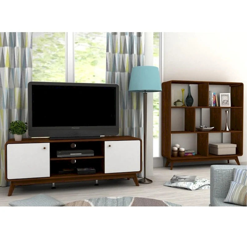 Mobile porta TV bianco di metà secolo con 2 cassetti, per TV fino a 60"