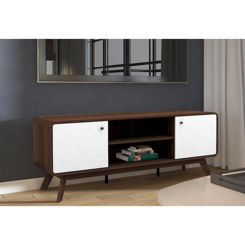 Mobile porta TV bianco di metà secolo con 2 cassetti, per TV fino a 60"