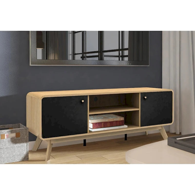 Mobile porta TV bianco di metà secolo con 2 cassetti, per TV fino a 60"