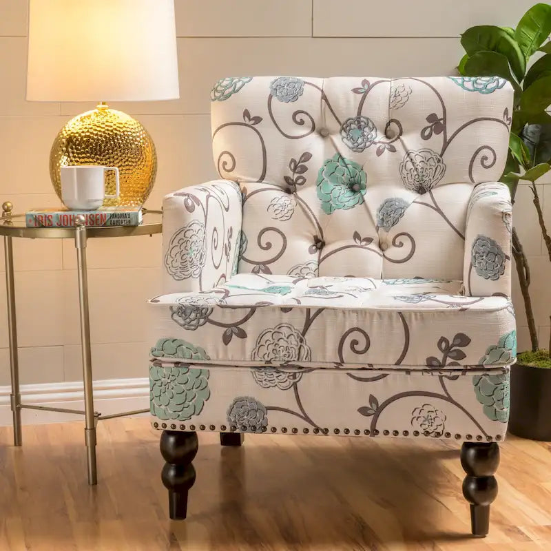 Poltrona club tufted floreale beige chiaro e blu, monoposto