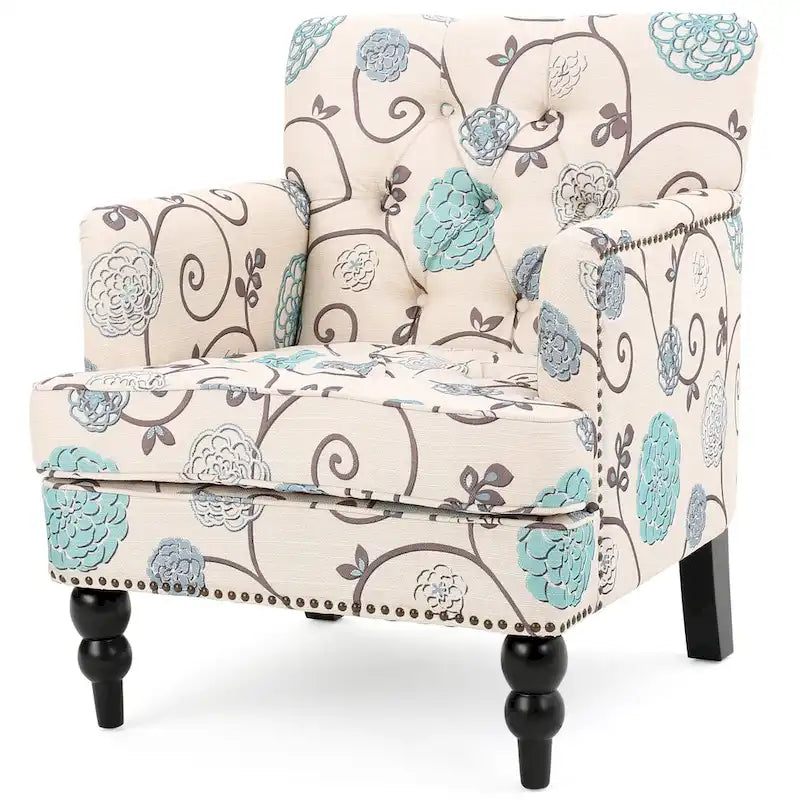 Poltrona club tufted floreale beige chiaro e blu, monoposto