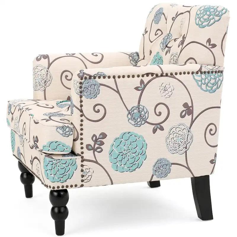 Poltrona club tufted floreale beige chiaro e blu, monoposto