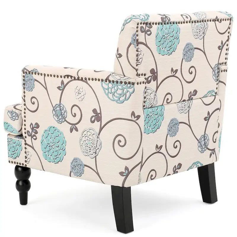 Poltrona club tufted floreale beige chiaro e blu, monoposto