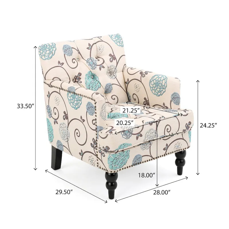 Poltrona club tufted floreale beige chiaro e blu, monoposto