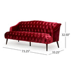 Divano a 3 posti in velluto trapuntato color vino / smeraldo / fumo, gambe con finitura noce