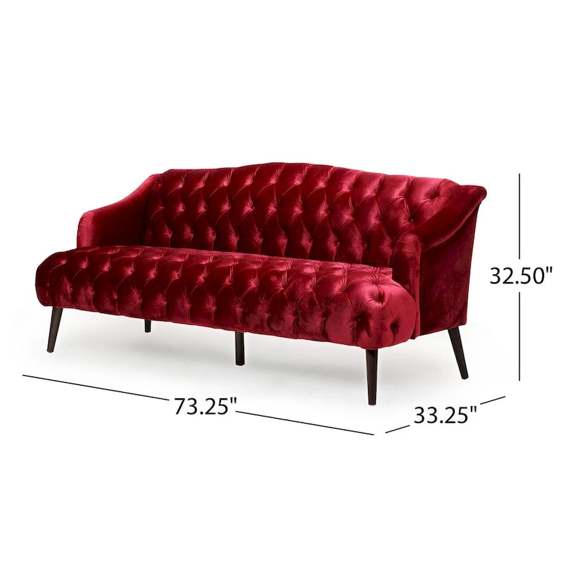 Divano a 3 posti in velluto trapuntato color vino / smeraldo / fumo, gambe con finitura noce