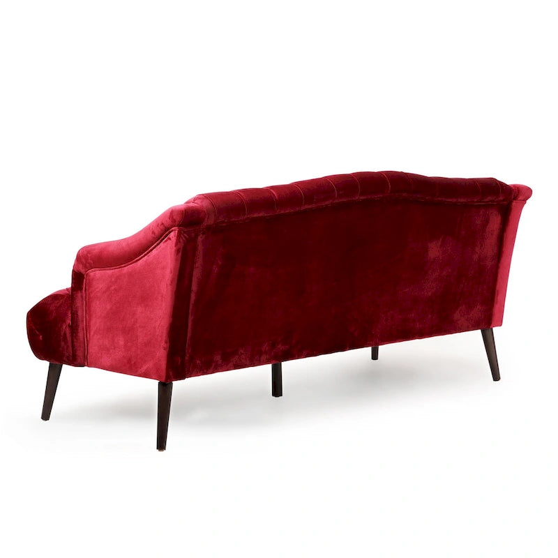 Divano a 3 posti in velluto trapuntato color vino / smeraldo / fumo, gambe con finitura noce