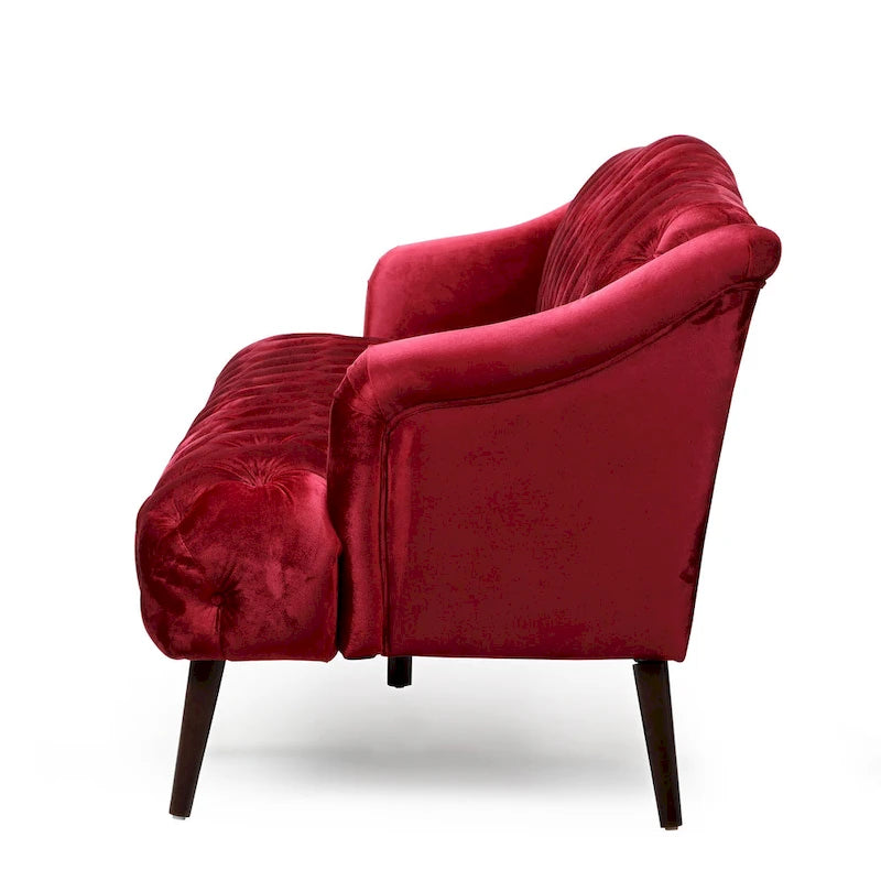 Divano a 3 posti in velluto trapuntato color vino / smeraldo / fumo, gambe con finitura noce