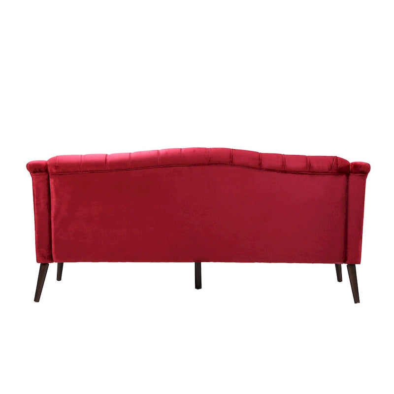 Divano a 3 posti in velluto trapuntato color vino / smeraldo / fumo, gambe con finitura noce