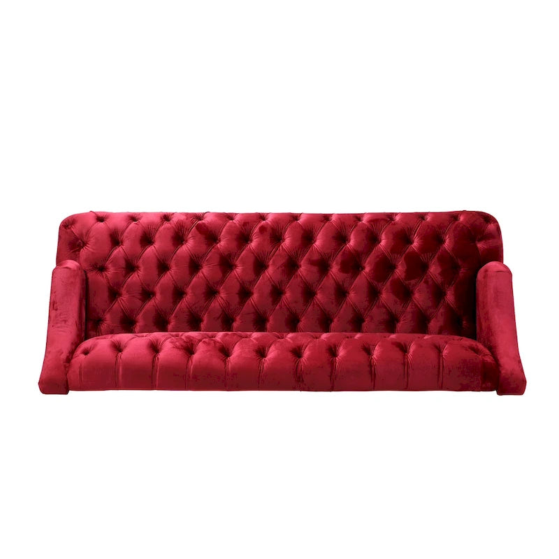 Divano a 3 posti in velluto trapuntato color vino / smeraldo / fumo, gambe con finitura noce
