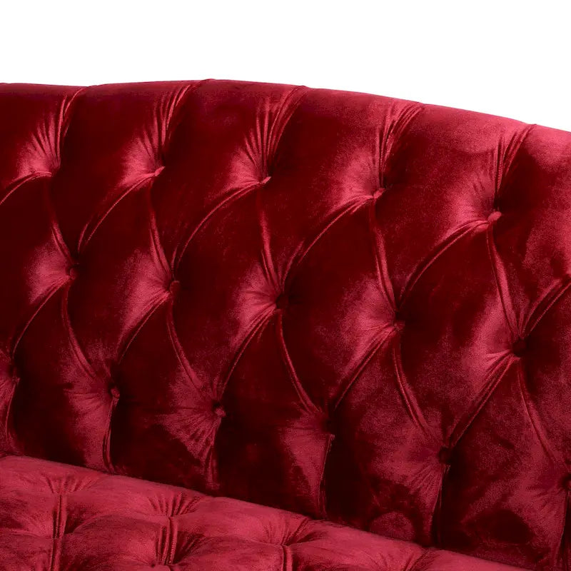 Divano a 3 posti in velluto trapuntato color vino / smeraldo / fumo, gambe con finitura noce