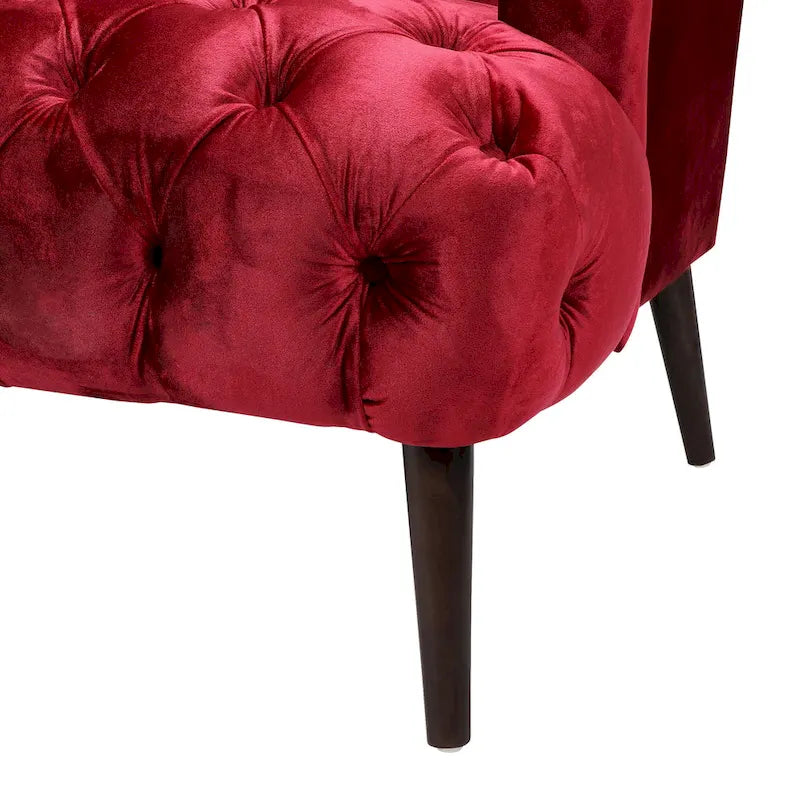 Divano a 3 posti in velluto trapuntato color vino / smeraldo / fumo, gambe con finitura noce