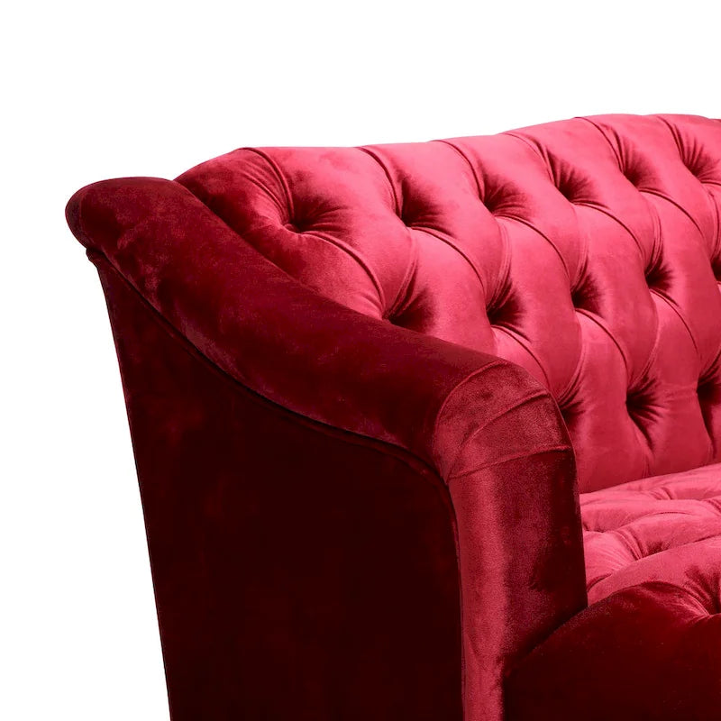 Divano a 3 posti in velluto trapuntato color vino / smeraldo / fumo, gambe con finitura noce