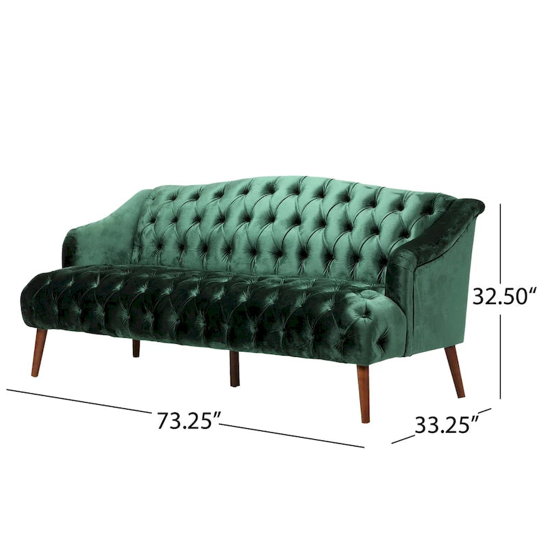 Divano a 3 posti in velluto trapuntato color vino / smeraldo / fumo, gambe con finitura noce