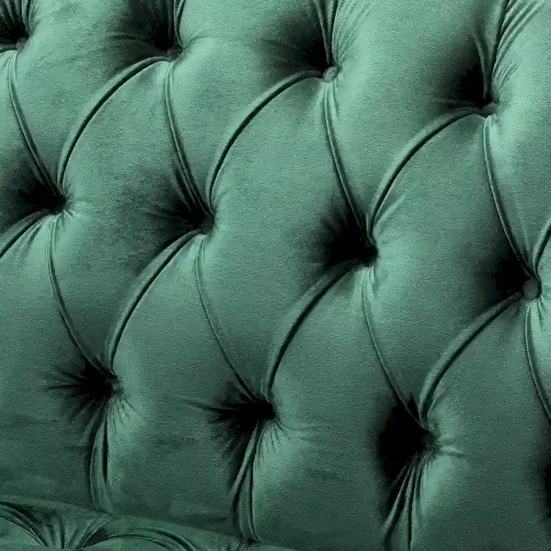 Divano a 3 posti in velluto trapuntato color vino / smeraldo / fumo, gambe con finitura noce