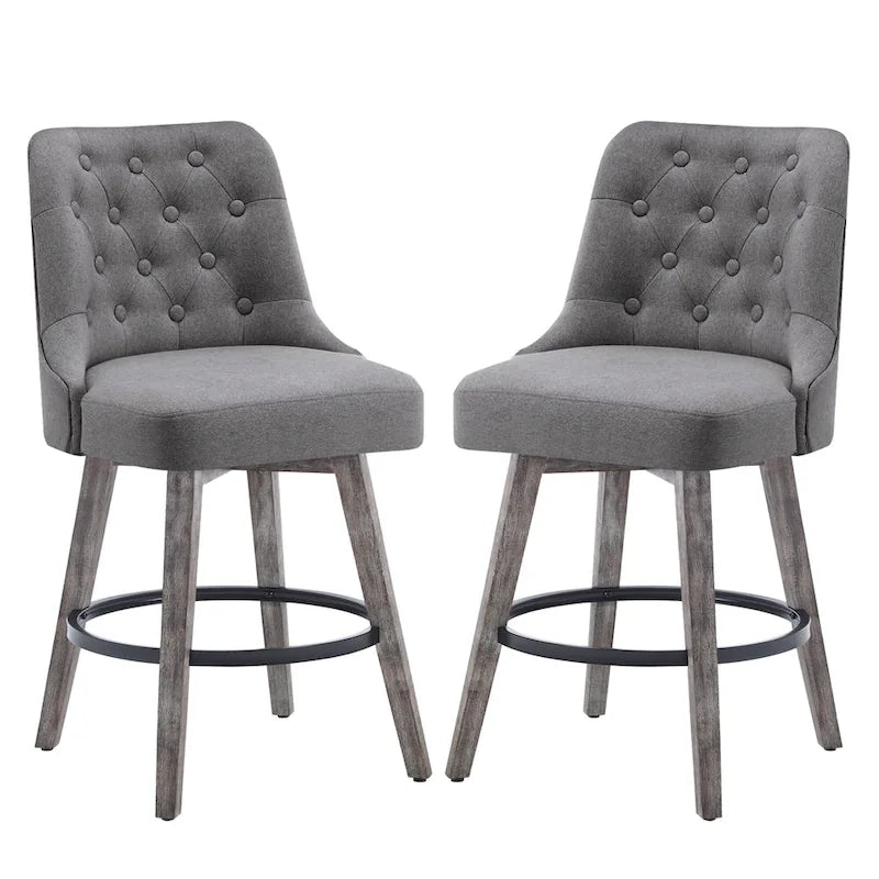 Sgabelli da bar girevoli trapuntati con gambe effetto legno, grigio scuro / grigio chiaro, set da 2