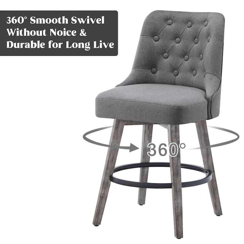 Sgabelli da bar girevoli trapuntati con gambe effetto legno, grigio scuro / grigio chiaro, set da 2