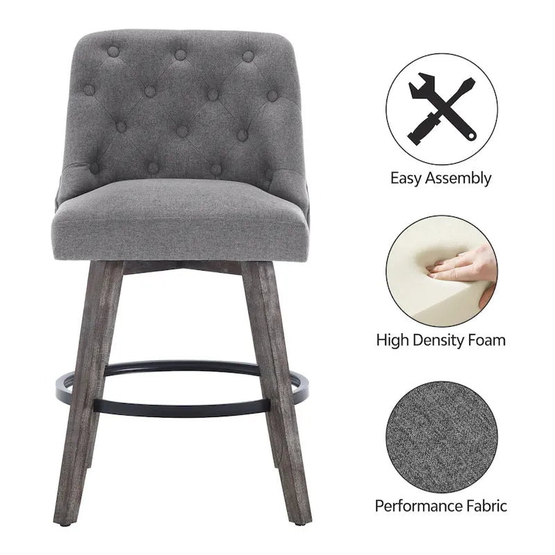 Sgabelli da bar girevoli trapuntati con gambe effetto legno, grigio scuro / grigio chiaro, set da 2