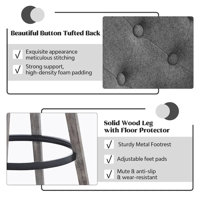 Sgabelli da bar girevoli trapuntati con gambe effetto legno, grigio scuro / grigio chiaro, set da 2