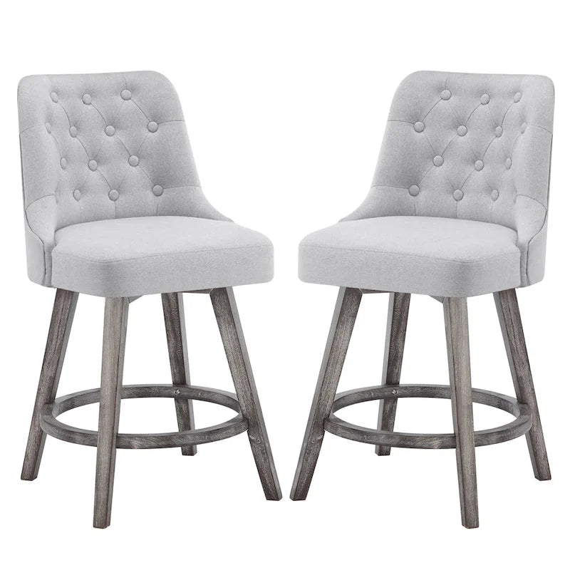 Sgabelli da bar girevoli trapuntati con gambe effetto legno, grigio scuro / grigio chiaro, set da 2