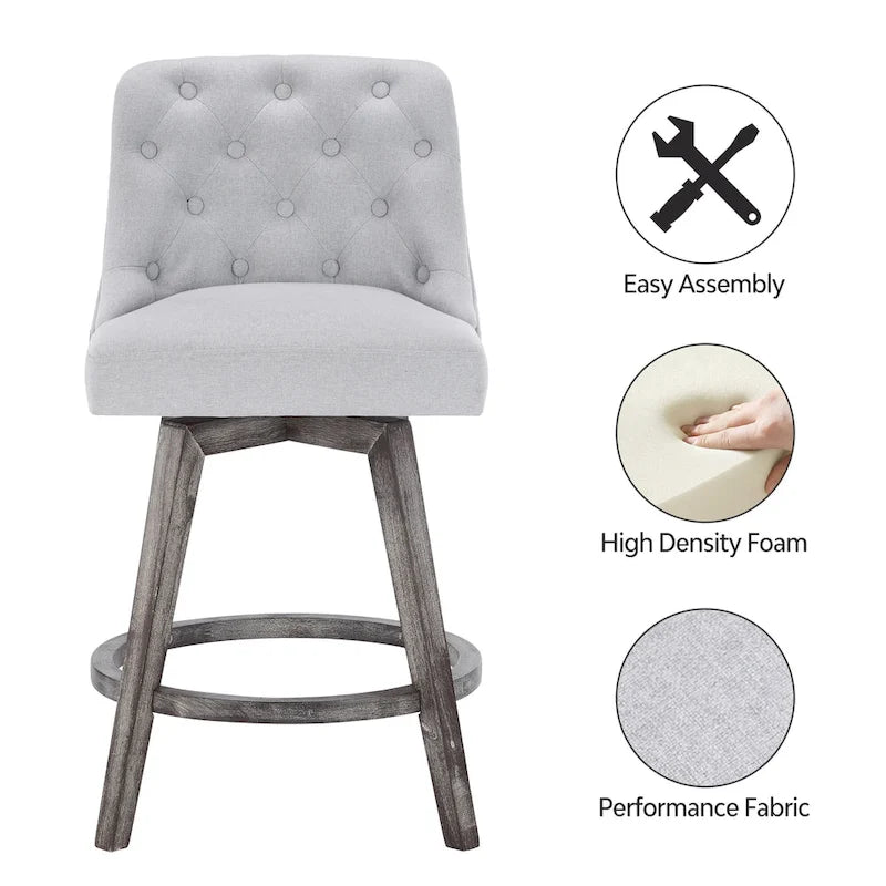 Sgabelli da bar girevoli trapuntati con gambe effetto legno, grigio scuro / grigio chiaro, set da 2